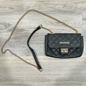 Sag Harbor Black Quilted Faux Leather Mini Crossbody Bag Purse Gold Chain Strap